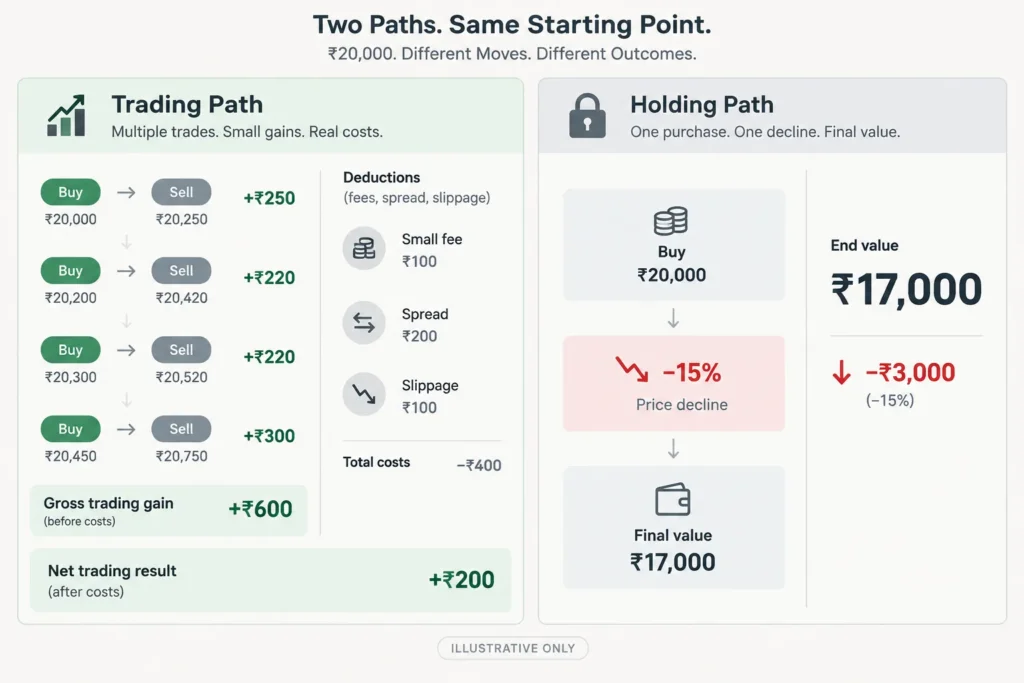 Illustrative comparison showing how repeated trading costs can reduce a gain while long-term holding remains exposed to market losses.