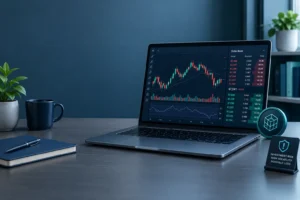 Laptop displaying a crypto price chart and order book alongside a risk-warning shield.