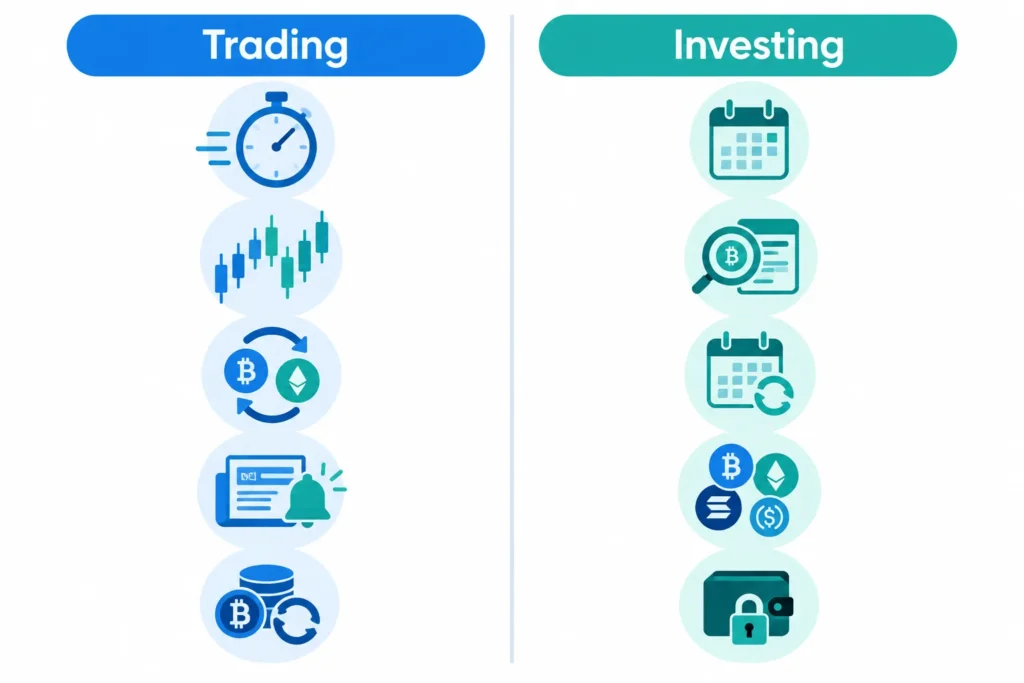 Visual comparison of crypto trading and long-term investing by time horizon, activity, research, costs and risks.