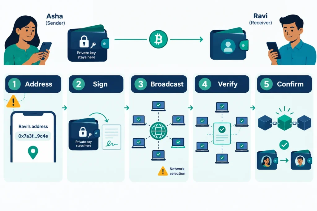 Flowchart showing a crypto transaction being addressed, signed, broadcast, verified and confirmed on a blockchain.