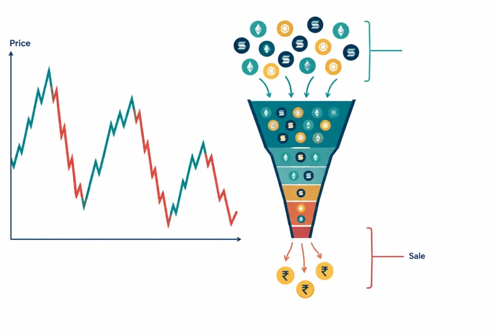 Diagram showing sharp crypto price swings and how low liquidity can produce a lower selling price through slippage.