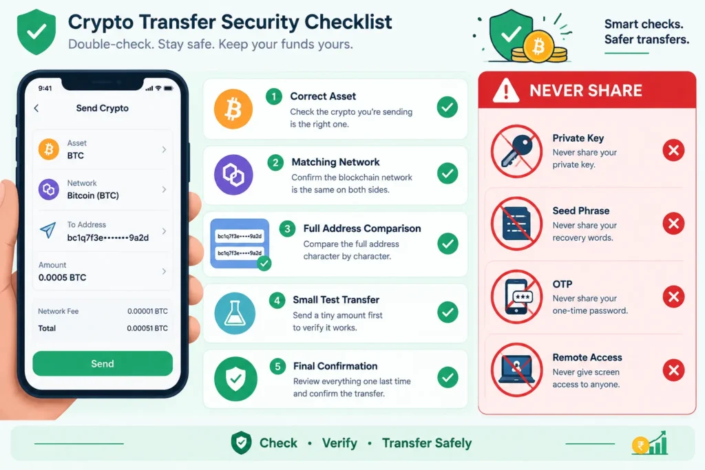 Crypto transfer checklist for checking the asset, network, address and security details before sending
