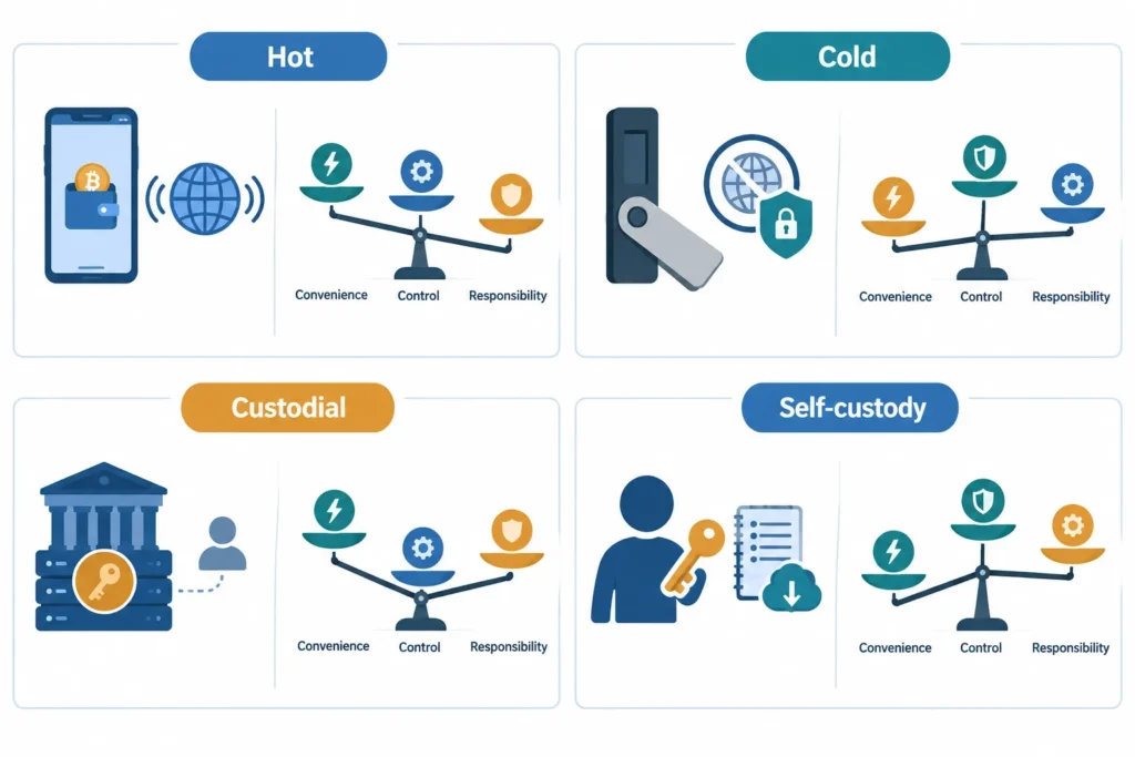 Comparison of hot, cold, custodial and self-custody crypto wallets