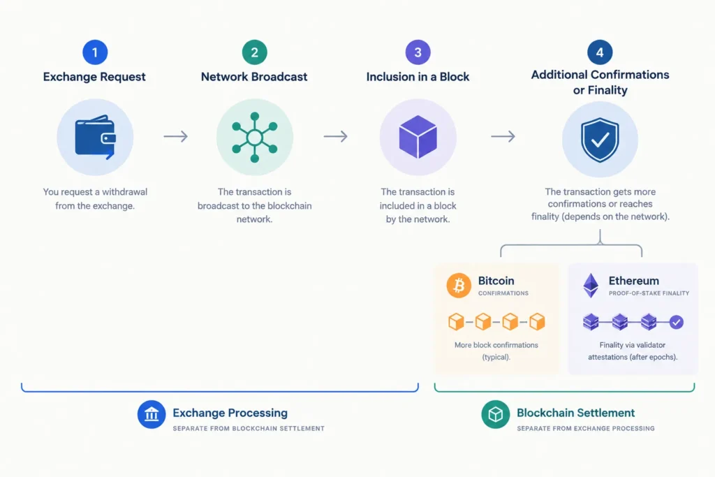 Timeline showing an exchange withdrawal moving from request and network broadcast to block inclusion and confirmations or finality.