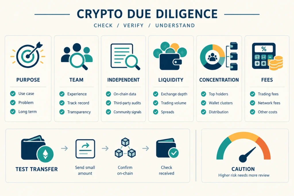 Visual due-diligence checklist covering a crypto asset's purpose, team, evidence, liquidity, ownership concentration, fees and test transfer.