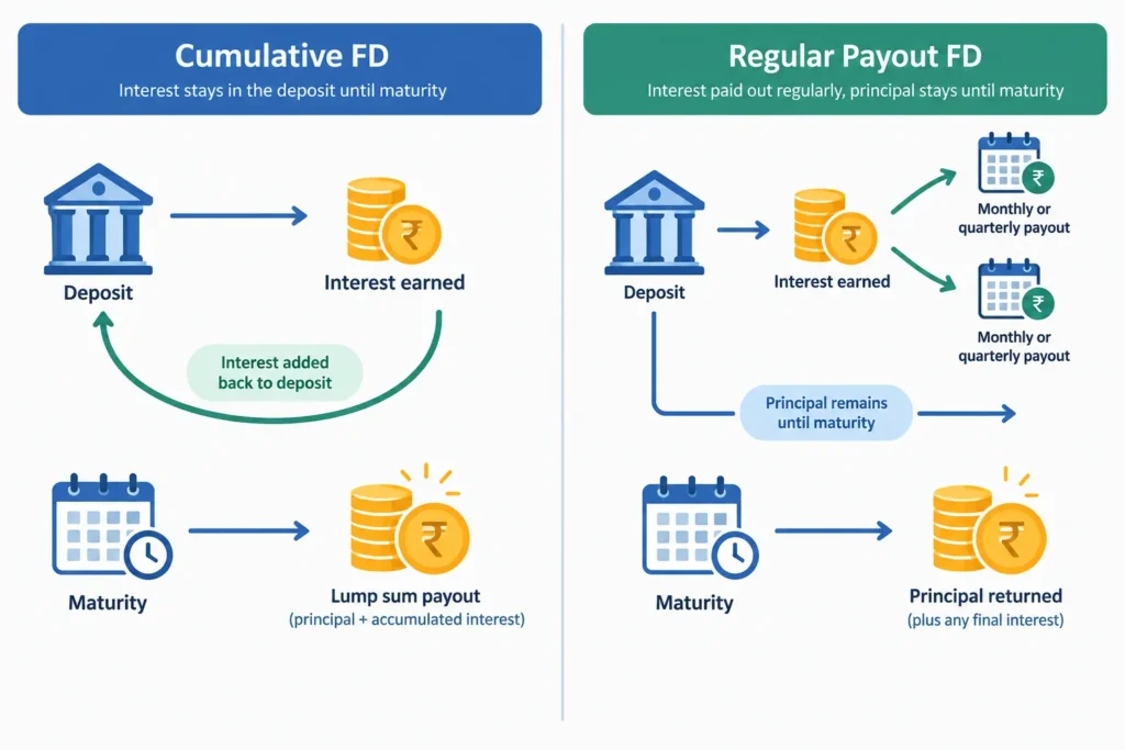 Comparison of cumulative FD reinvestment and regular interest payout cash flows