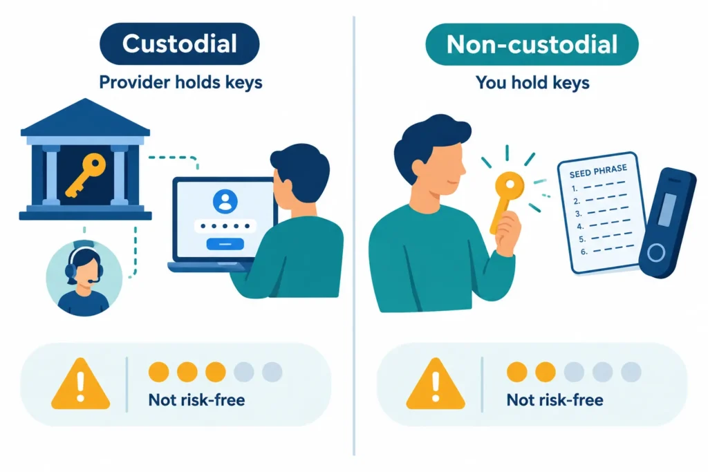 Comparison of custodial wallets, where a provider controls keys, and non-custodial wallets, where the user controls keys.
