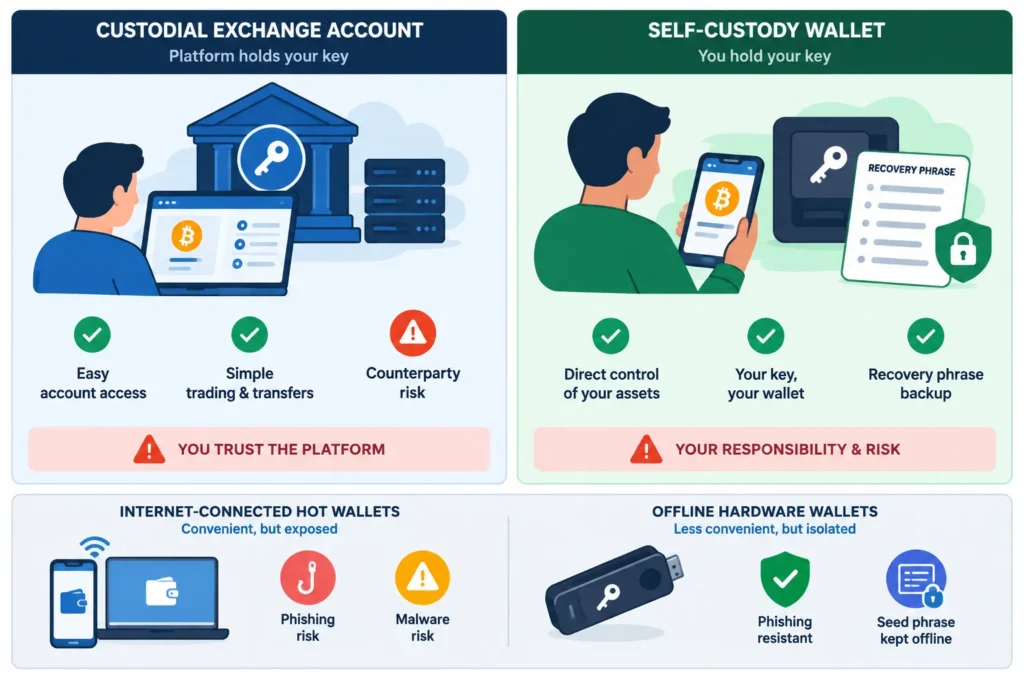Comparison of custodial exchange storage, self-custody wallets, hot wallets, and hardware wallets