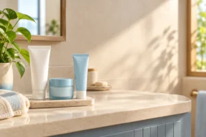 Gentle cleanser, moisturiser and sunscreen arranged as a simple beginner skincare routine.