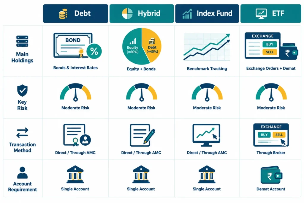 Comparison graphic explaining the holdings, risks and transaction methods of debt funds, hybrid funds, index funds and ETFs.