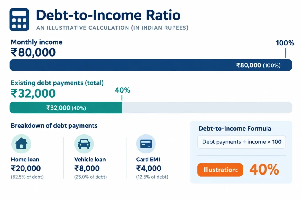 Illustrative debt-to-income calculation showing ₹32,000 of debt payments against ₹80,000 monthly income, equal to 40%.