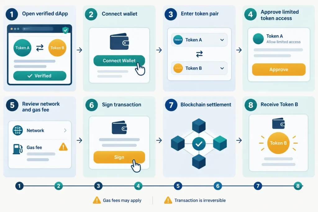 Timeline showing the steps involved in swapping Token A for Token B through a DeFi application.