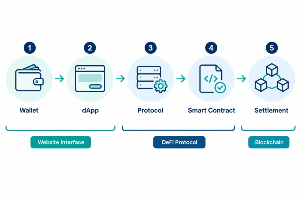 Flowchart showing a wallet connecting through a dApp and DeFi protocol to smart contracts and blockchain settlement.