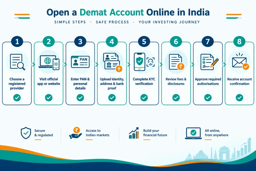 Eight-step flowchart for opening a Demat account online in India