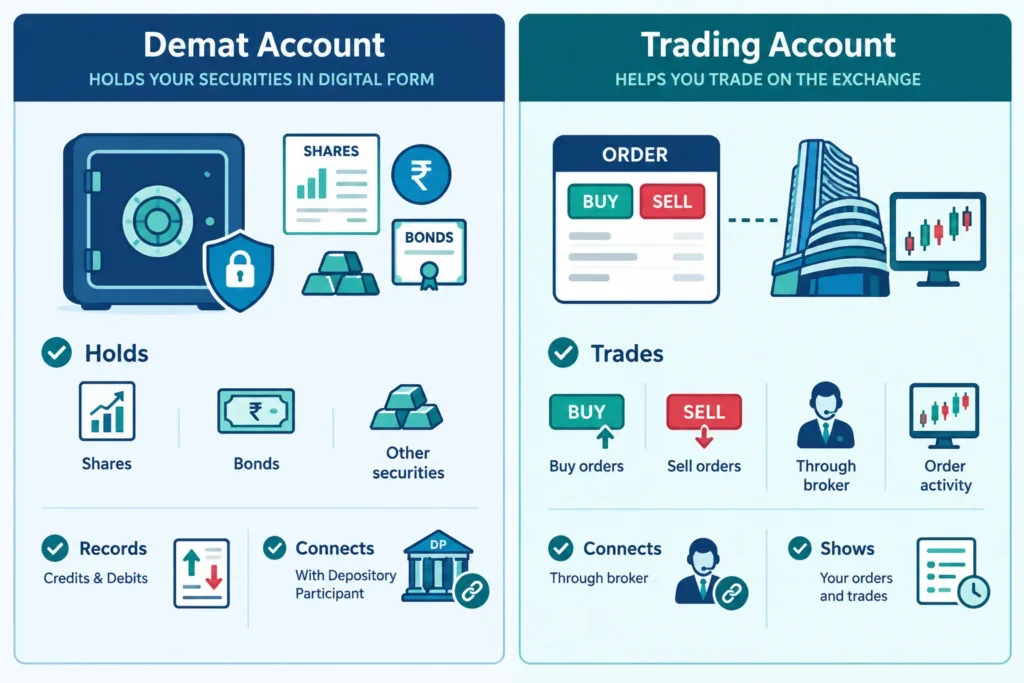 Side-by-side comparison of a demat account for holding securities and a trading account for placing orders.