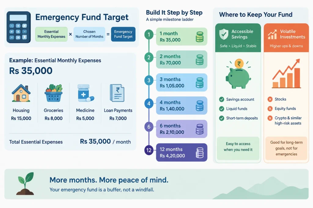 Emergency fund calculator based on essential monthly expenses, with milestones starting at one month of costs.