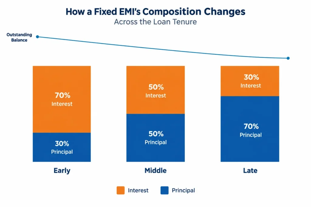 Comparison of principal and interest shares in early, middle and late EMIs