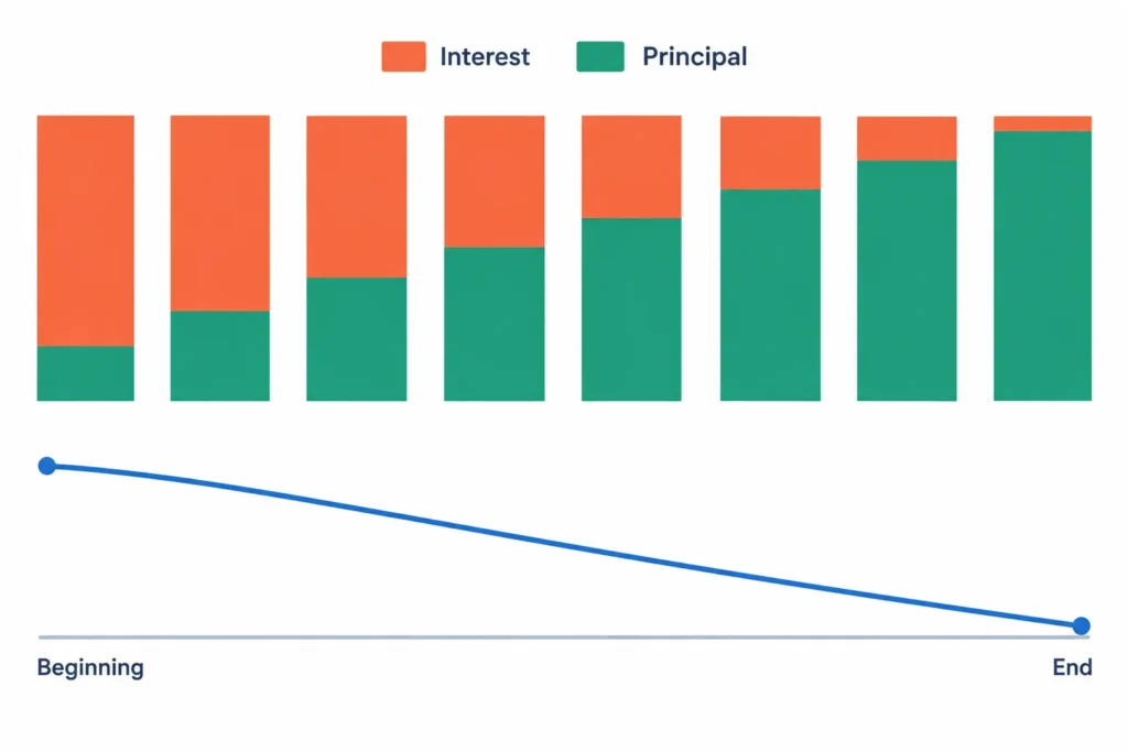 Equal EMI payments shift from mostly interest to mostly principal as the loan balance falls.