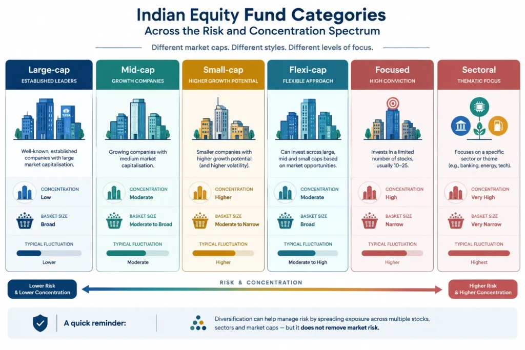 Visual comparison of large-cap, mid-cap, small-cap, flexi-cap, focused and sectoral equity mutual funds by portfolio style and relative fluctuation.
