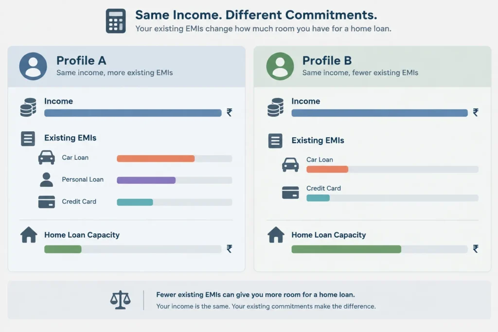 Comparison showing how higher existing EMIs can leave less capacity for a home loan EMI.