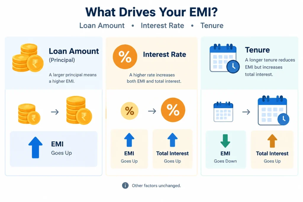 Loan amount, interest rate, and tenure have different effects on monthly EMI and total interest.