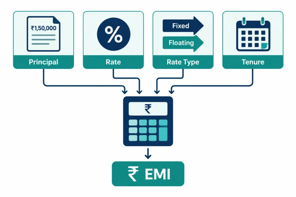 Flowchart showing outstanding principal, interest rate, rate type and remaining tenure as the four main factors affecting EMI.