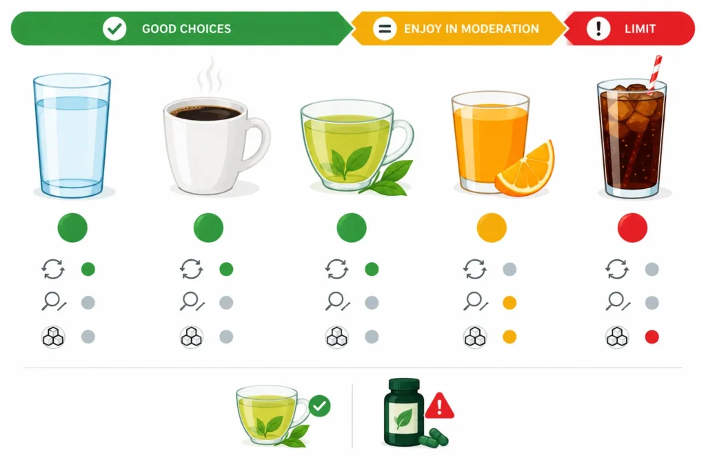 Visual comparison of water, unsweetened coffee and tea, fruit juice, sugary drinks and concentrated green tea extract.