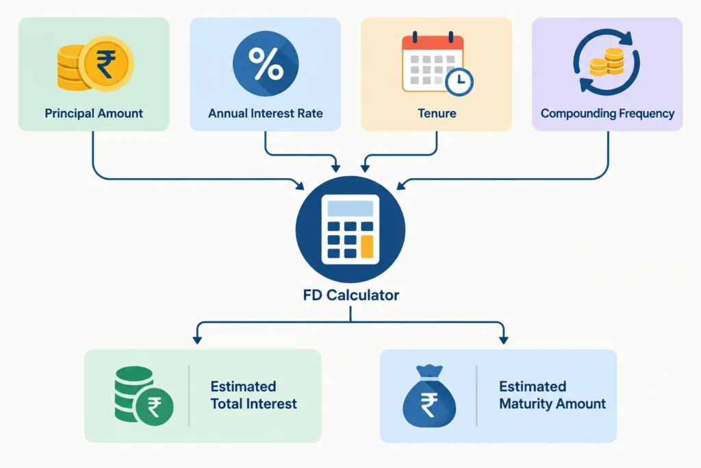 Flowchart showing principal, interest rate, tenure and compounding frequency producing estimated FD interest and maturity amount