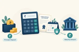 FD calculator concept with rupee deposit, calendar, bank and estimated maturity amount