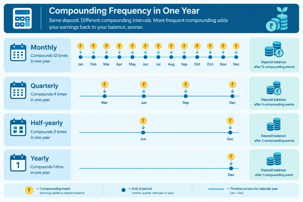 Timeline comparing monthly, quarterly, half-yearly and yearly FD compounding frequencies