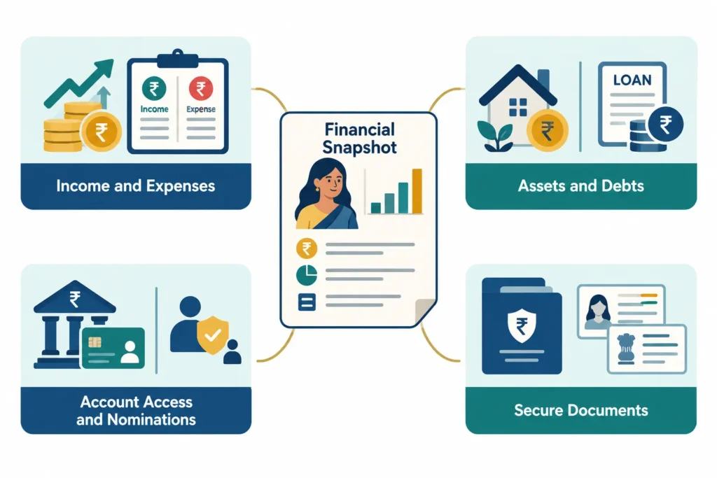 Four-part financial snapshot covering income and expenses, assets and debts, account access, and important documents.