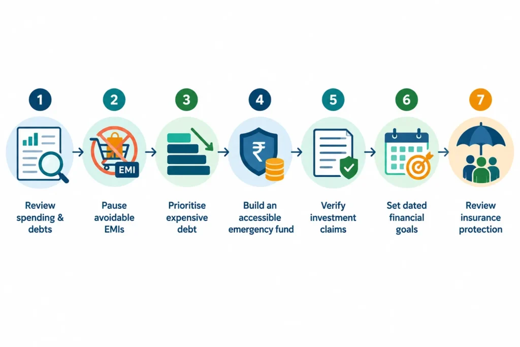 Seven-step flowchart for reviewing finances, reducing debt, building emergency savings, verifying investments and reviewing goals and insurance.