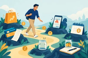 Indian professional navigating five common financial traps involving overspending, debt, emergencies, scams and delayed planning.