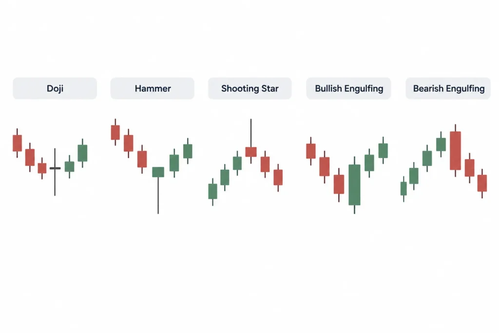 Visual reference showing doji, hammer, shooting star, bullish engulfing and bearish engulfing candlestick patterns.