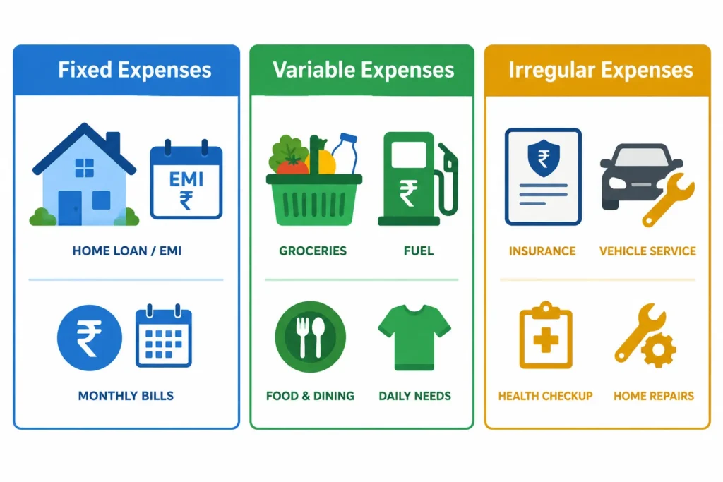 Visual comparison of fixed, variable and irregular household expenses in India.