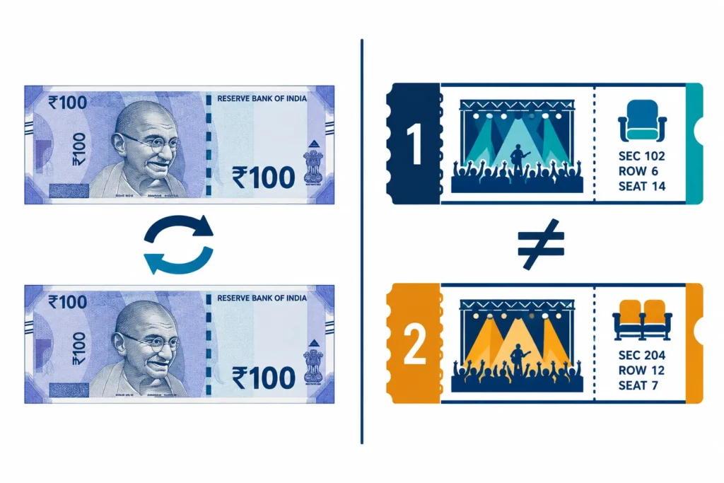 Comparison showing interchangeable currency units versus distinct numbered tickets.