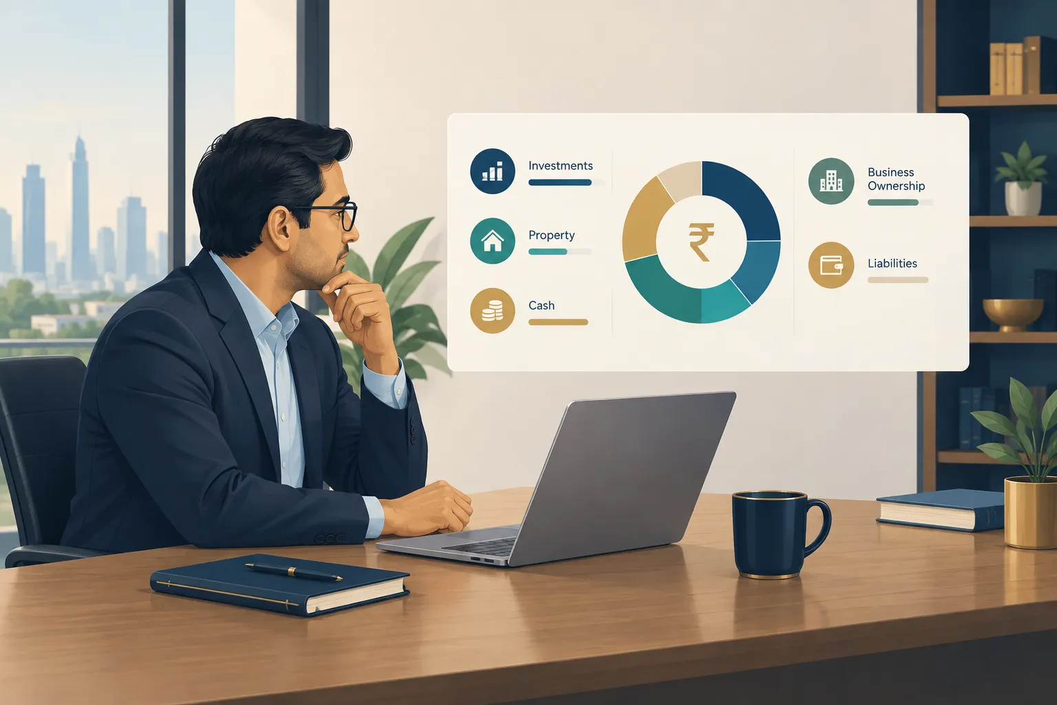 Indian professional reviewing a dashboard of assets, investments, property and liabilities to assess personal wealth.