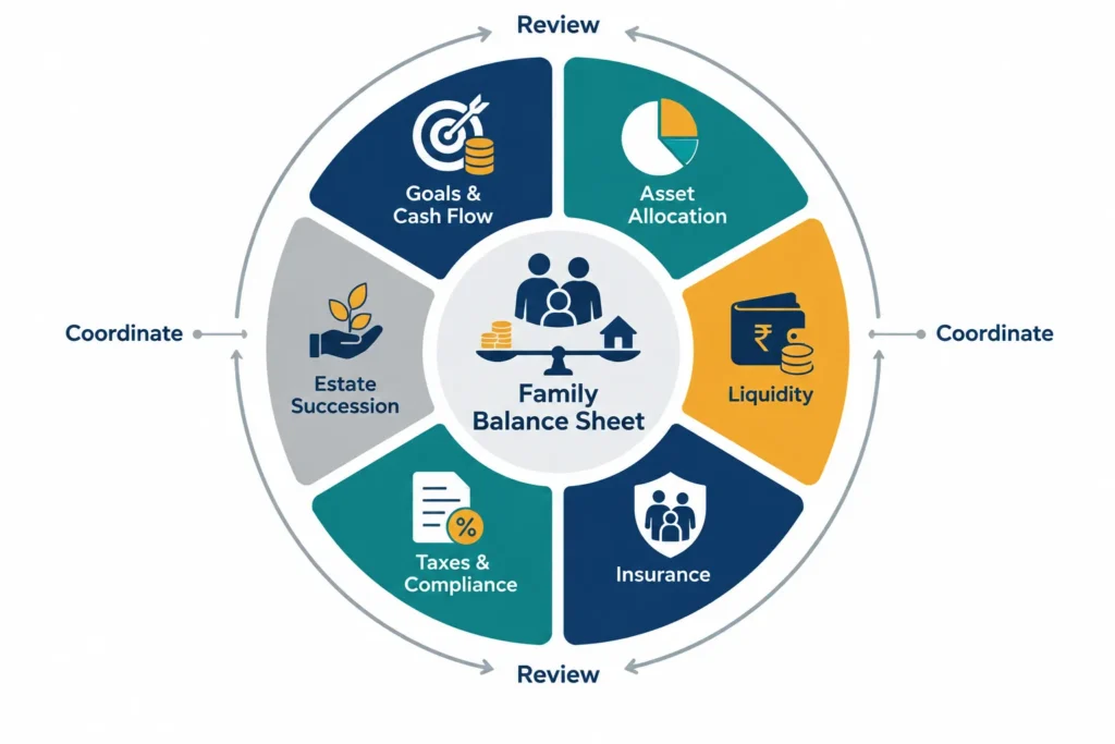 Financial planning framework connecting goals, asset allocation, liquidity, insurance, taxes and succession for an HNI in India.