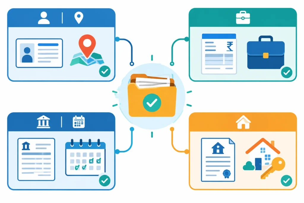 Visual checklist of identity, income, banking and property documents required for a home loan