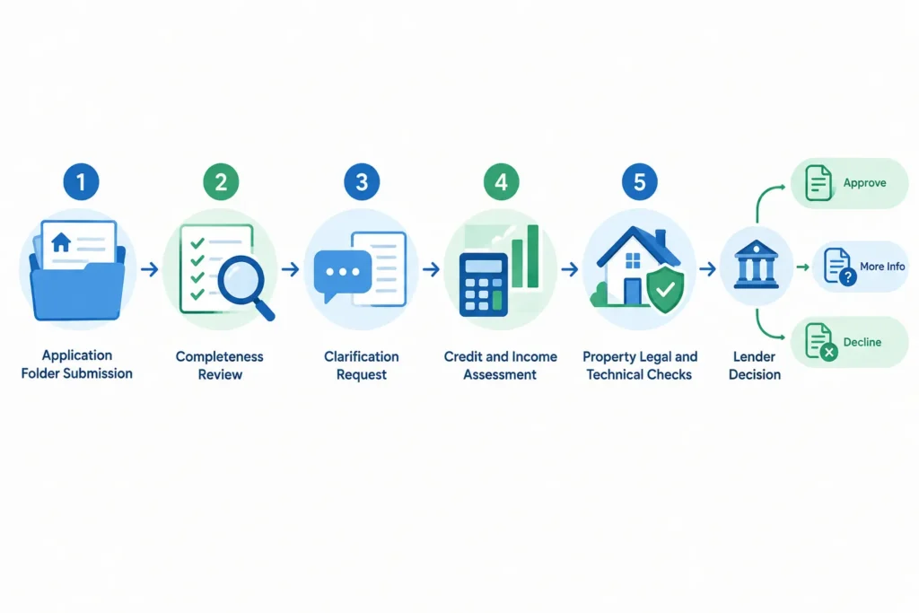Flowchart of document review, income assessment, property checks and lender decision after a home loan application