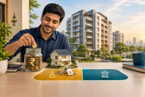 Indian homebuyer planning a down payment alongside a house key and apartment building
