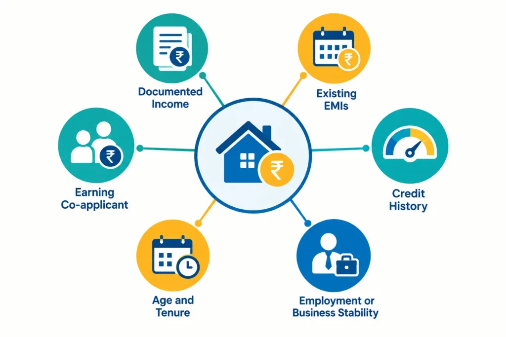 Diagram showing income, existing EMIs, credit history, stability, age and co-applicant as home loan eligibility factors.