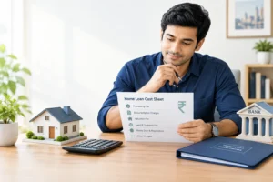 Indian homebuyer reviewing home loan processing fees and related charges with a calculator and house model.