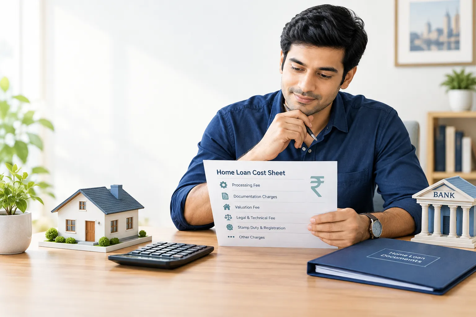 Indian homebuyer reviewing home loan processing fees and related charges with a calculator and house model.