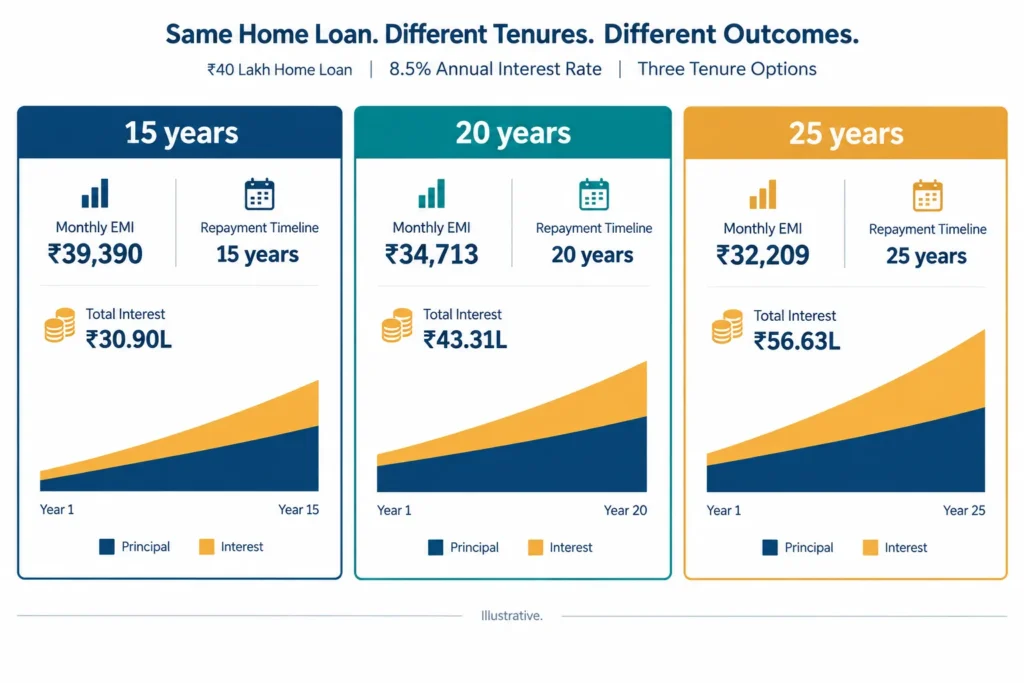 Illustrative comparison showing that longer home loan tenures lower monthly EMI but increase total interest.