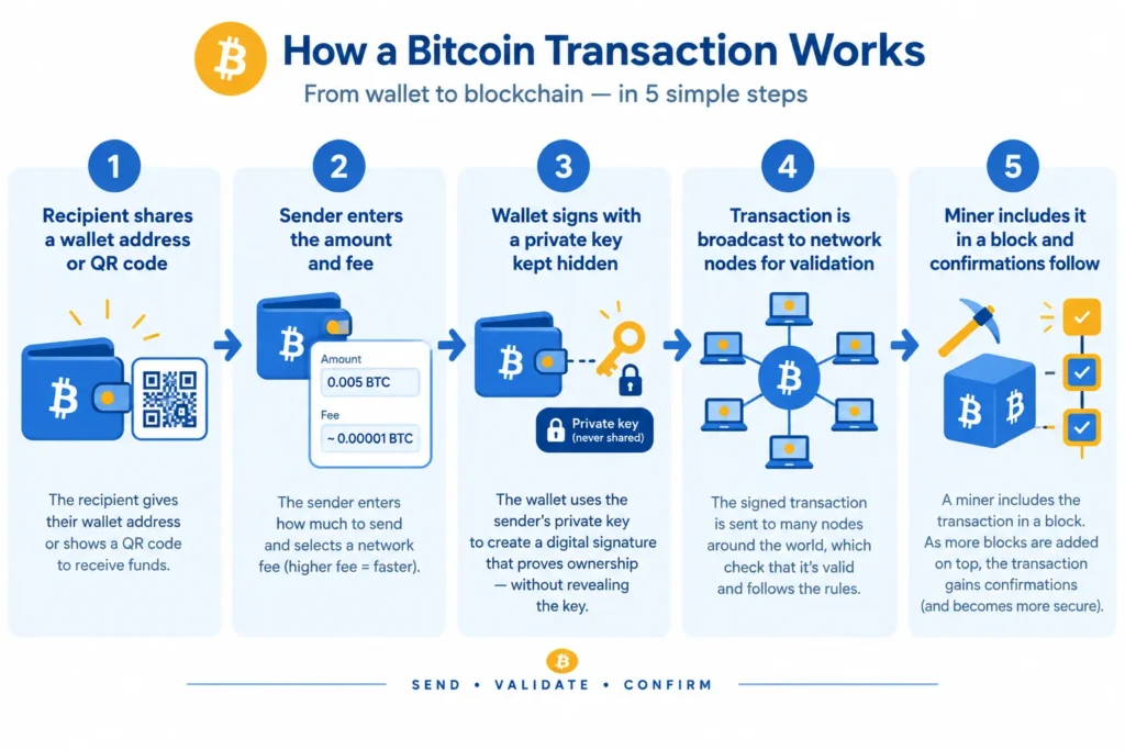 Five-step flowchart showing how a Bitcoin transaction is addressed, signed, broadcast, validated and confirmed