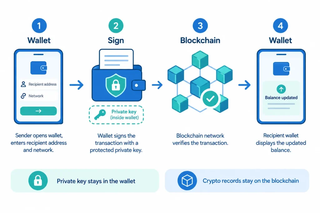 Flowchart showing a wallet signing a transaction, blockchain verification and the recipient’s updated balance