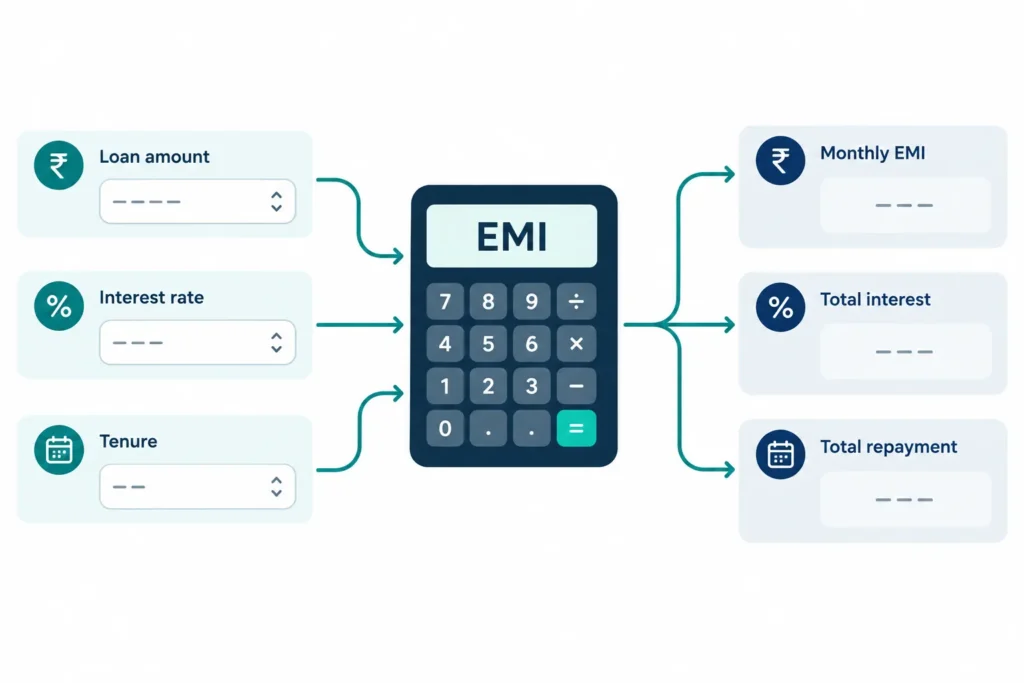 An EMI calculator uses loan amount, interest rate, and tenure to estimate monthly EMI and total repayment.