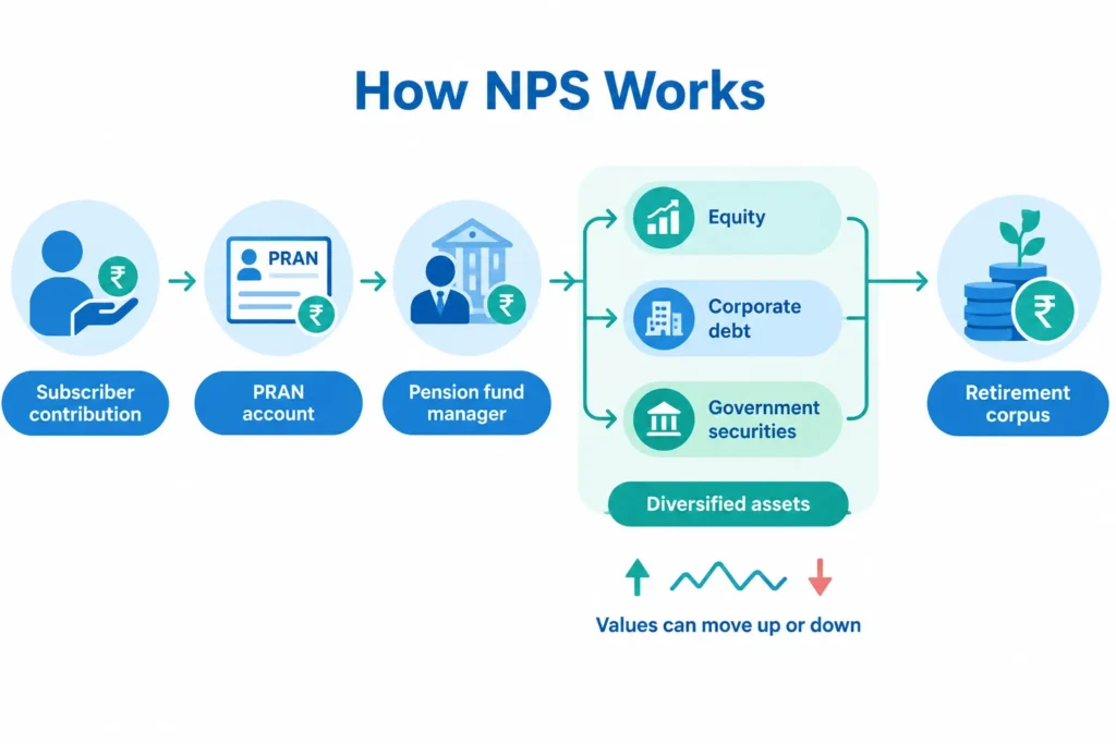 Flowchart showing NPS contributions moving through a PRAN account and pension fund manager into diversified market-linked assets
