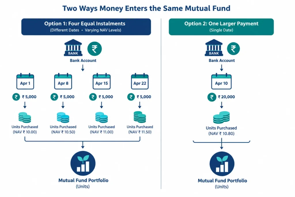 Flowchart showing an SIP investing fixed amounts over several dates and a lump sum investing the full amount once.